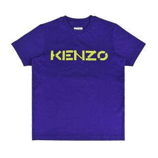 【KENZO】KENZO標籤LOGO黃字印花設計純棉圓領短袖T恤(男款/藍)