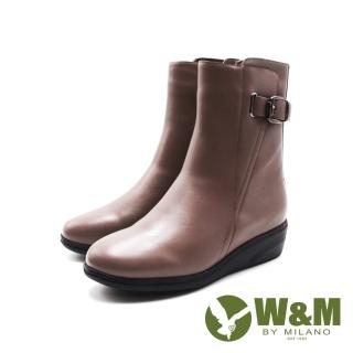 【W&M】女 皮釦造型內拉鍊楔型底女靴 女鞋(棕灰色)