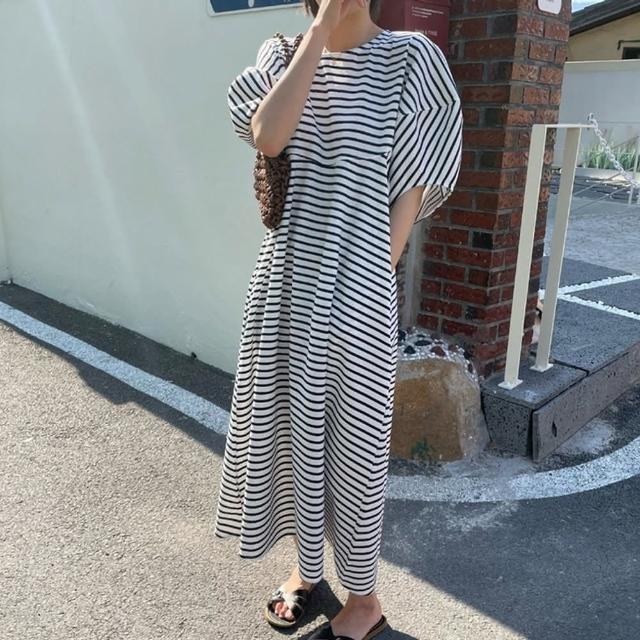 【BBHONEY】泡泡袖條紋連身裙(網美熱搜款)