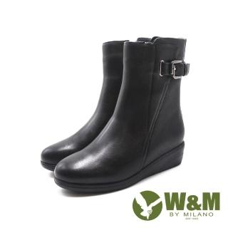 【W&M】女 皮釦造型內拉鍊楔型底女靴 女鞋(黑色)