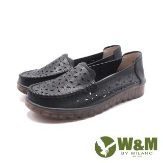 【W&M】女 雕刻花朵紋軟彈力休閒鞋 女鞋(黑色)