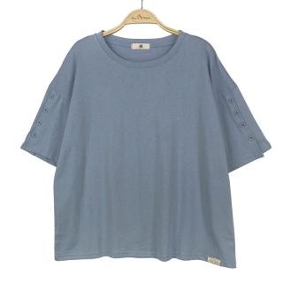 【Hana Mokuba】花木馬日系女裝素色寬鬆休閒排扣袖T恤(T恤)