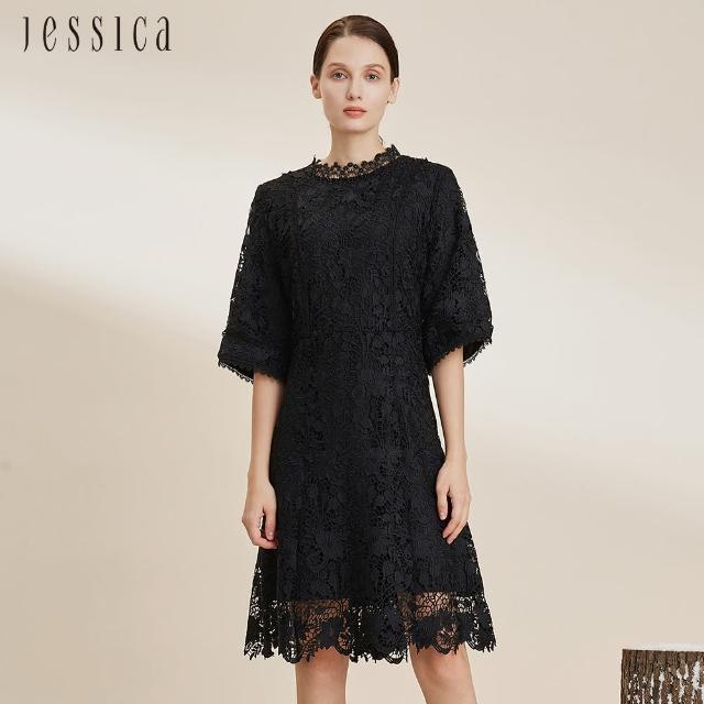 【JESSICA】氣質收腰顯瘦五分袖蕾絲洋裝224375（黑）