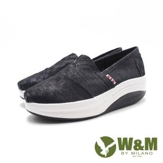 【W&M】女 BOUNCE珠光透氣布 增高彈力休閒鞋 女鞋(黑色)