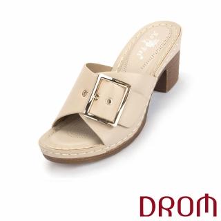 【DROM】高跟拖鞋 寬楦拖鞋/舒適寬楦金屬釦飾造型高跟拖鞋(杏)