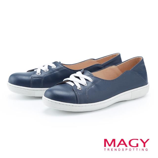 【MAGY】質感牛皮綁帶平底休閒鞋(藍色)