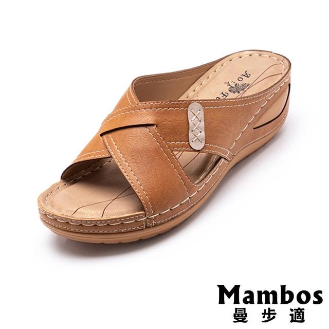 【Mambos 曼步適】坡跟拖鞋 交叉拖鞋 寬楦拖鞋/舒適寬楦交叉縫線造型坡跟拖鞋(3色任選)