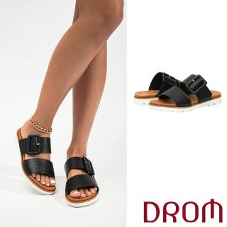 【DROM】厚底拖鞋 寬版拖鞋/歐美時尚寬版皮帶釦飾造型厚底拖鞋(黑)