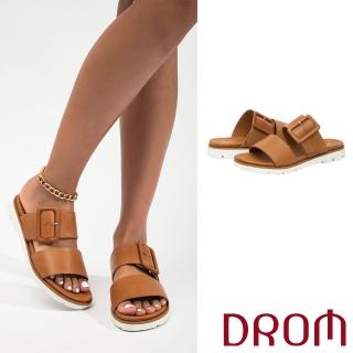 【DROM】厚底拖鞋 寬版拖鞋/歐美時尚寬版皮帶釦飾造型厚底拖鞋(棕)
