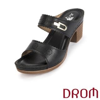 【DROM】高跟拖鞋 寬楦拖鞋/舒適寬楦氣質刻花金屬扣造型高跟拖鞋(黑)