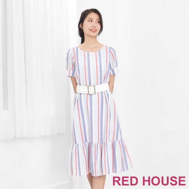 【RED HOUSE 蕾赫斯】配色條紋剪接洋裝-附腰帶(共2色)