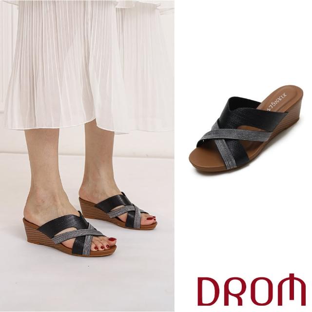 【DROM】坡跟拖鞋 交叉拖鞋/歐美時尚撞色幾何交叉坡跟拖鞋(黑)