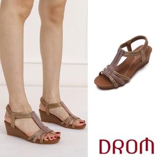 【DROM】坡跟涼鞋 T字涼鞋/歐美時尚縷空線繩T字造型坡跟涼鞋(棕)