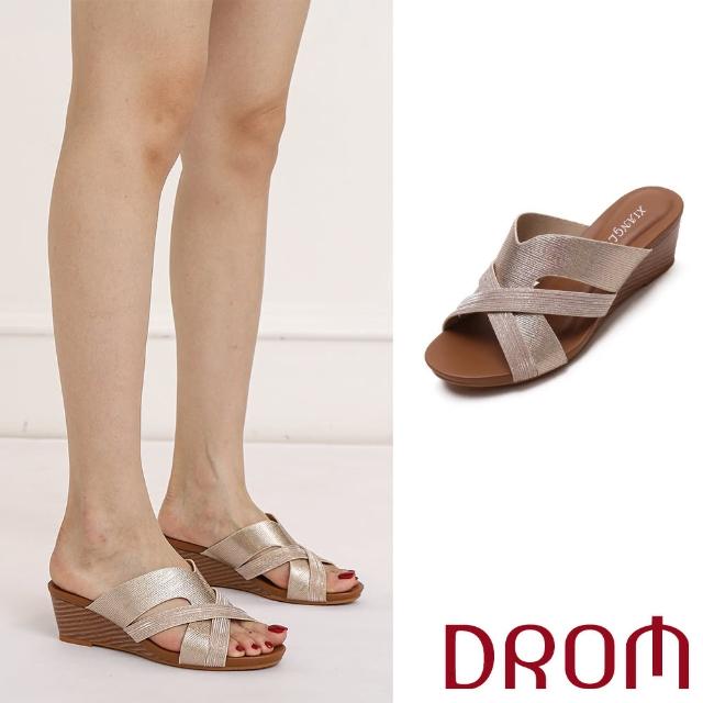 【DROM】坡跟拖鞋 交叉拖鞋/歐美時尚撞色幾何交叉坡跟拖鞋(金)