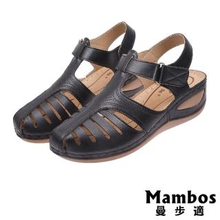 【Mambos 曼步適】包頭涼鞋 坡跟涼鞋 縷空涼鞋/輕量舒適魚骨縷空包頭造型坡跟涼鞋(黑)