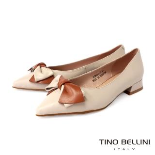 【TINO BELLINI 貝里尼】羊皮典雅雙色蝴蝶結尖頭低跟鞋FSBV011(米)
