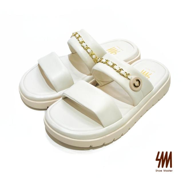 【SM】個性金屬鍊條雙寬帶拖鞋(白色)