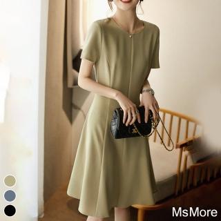 【MsMore】優雅顏值儀式感多片裁立體顯瘦圓領短袖純色連身裙中長版洋裝#117106(3色)