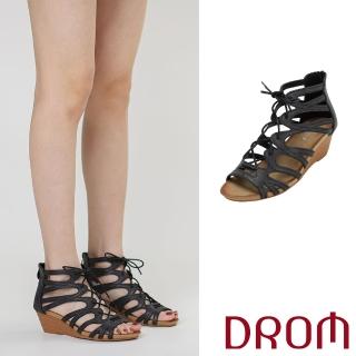 【DROM】坡跟涼鞋 魚口涼鞋/時尚歐美縷空線條綁帶魚口露趾坡跟涼鞋(黑)