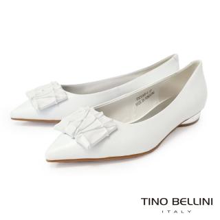 【TINO BELLINI 貝里尼】尖頭羊皮摩登方形飾釦平底鞋FSCV006(白)