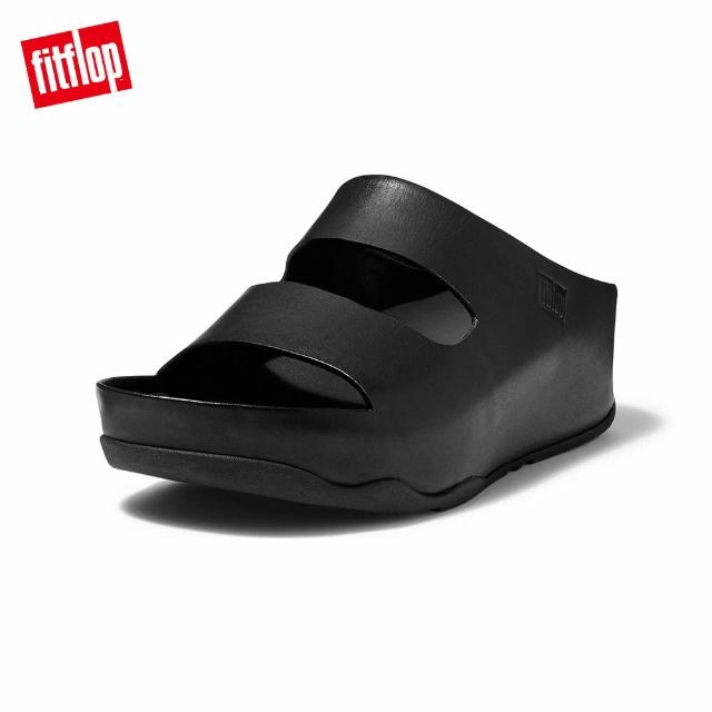 【FitFlop】SHUV TWO-BAR LEATHER SLIDES簡約造型雙帶涼鞋-女(靚黑色)