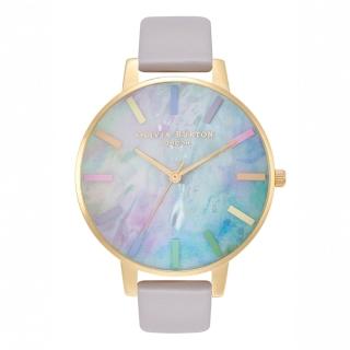 【Olivia Burton】Rainbow系列-金殼彩虹彩繪母貝面灰紫色皮帶腕錶(OB16RB30)