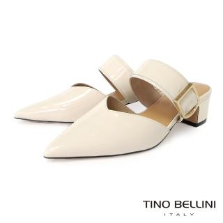【TINO BELLINI 貝里尼】尖頭V口牛漆皮寬帶釦環粗跟穆勒鞋FZ2T003(米白)