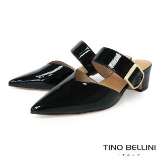 【TINO BELLINI 貝里尼】尖頭V口牛漆皮寬帶釦環粗跟穆勒鞋FZ2T003(黑)