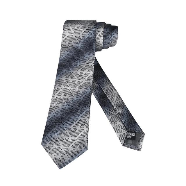 【EMPORIO ARMANI】EMPORIO ARMANI刺繡LOGO漸層設計真絲領帶(寬版/淺灰)