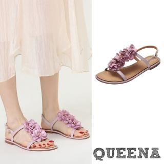 【QUEENA】低跟涼鞋 工字涼鞋/氣質立體花朵極簡工字線繩低跟涼鞋(粉)