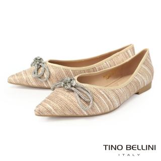 【TINO BELLINI 貝里尼】多色混織華麗蝴蝶結鑽飾尖頭平底鞋FSBT011(米)