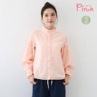【PINK NEW GIRL】優美壓褶立領織花長袖襯衫 N3201AD(2色)