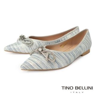 【TINO BELLINI 貝里尼】多色混織華麗蝴蝶結鑽飾尖頭平底鞋FSBT011(藍)