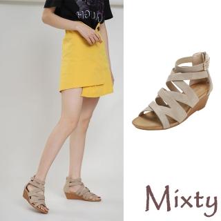 【MIXTY】坡跟涼鞋 交叉涼鞋/復古歐美時尚純色交叉帶造型坡跟涼鞋(杏)