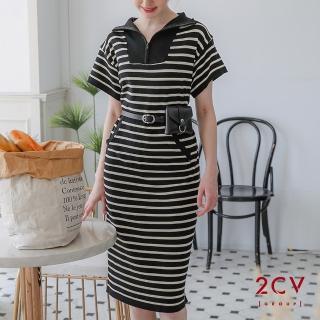 【2CV】拉鍊造型條紋針織短袖洋裝-兩色NF029(MOMO獨家販售)
