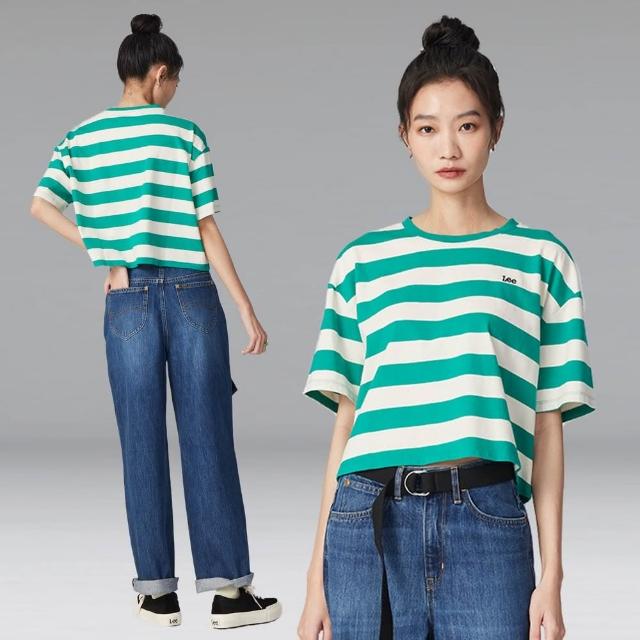 【Lee 官方旗艦】女裝 短袖T恤 / 寬鬆短版 撞色橫條紋 淺卡綠 季節性版型(LB302045701)