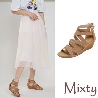 【MIXTY】坡跟涼鞋 交叉涼鞋/復古歐美時尚純色交叉帶造型坡跟涼鞋(棕)
