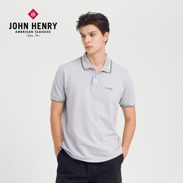 【JOHN HENRY】領雙色條紋草寫刺繡POLO衫-灰色