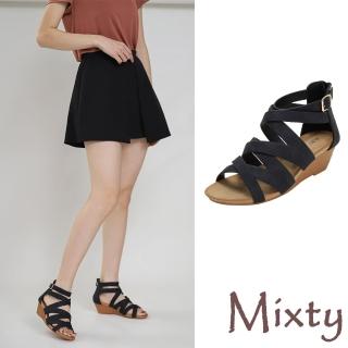 【MIXTY】坡跟涼鞋 交叉涼鞋/復古歐美時尚純色交叉帶造型坡跟涼鞋(黑)