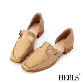 【HERLS】低跟鞋-全真皮T字鏤空側V方頭低跟鞋(駝色)