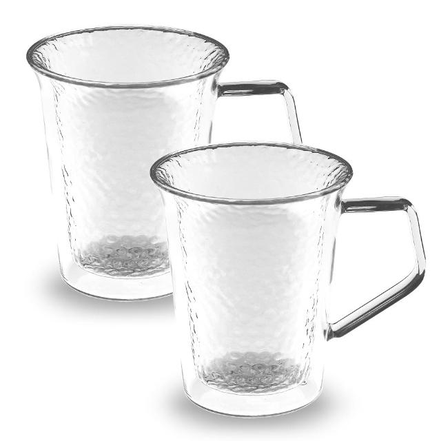 【SADOMAIN 仙德曼】雙層玻璃錘紋馬克杯 350ml-2入組(雙層玻璃杯/對杯組/茶杯)