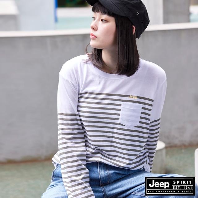 【JEEP】女裝 經典簡約條紋休閒長袖T恤(白色)