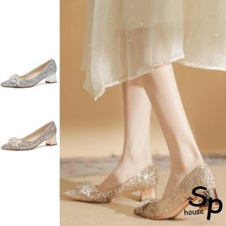 【Sp house】水晶公主珍珠婚紗亮片金屬粗跟鞋(2色可選)