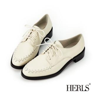 【HERLS】德比鞋-全真皮手工編織橢圓頭德比鞋(米白色)