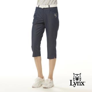 【Lynx Golf】女款經典牛仔布料花瓣系列印花附碎花絲巾吊飾七分窄管長褲(牛仔藍色)