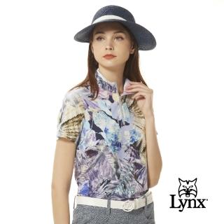 【Lynx Golf】女款歐洲進口布料柔軟舒適滿版花草圖樣印花短袖立領POLO衫(紫色)