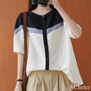 【ACheter】韓版大碼休閒上衣文藝撞色拼接棉麻圓領短袖襯衫#117514(白)
