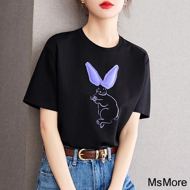 【MsMore】兔子印花圓領短袖T恤夏黑色短版上衣#117392(黑)