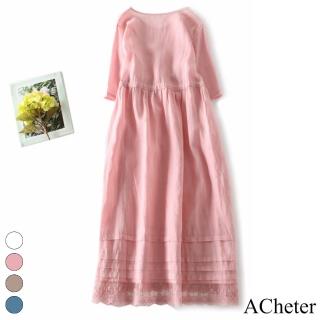 【ACheter】夏季苧麻森系復古圓領連身裙長版短袖文藝收腰顯瘦洋裝#117542(3色)