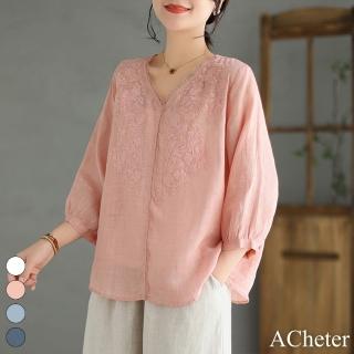 【ACheter】棉麻七分袖V領刺繡薄款棉麻氣質寬鬆短版上衣#117489(4色)